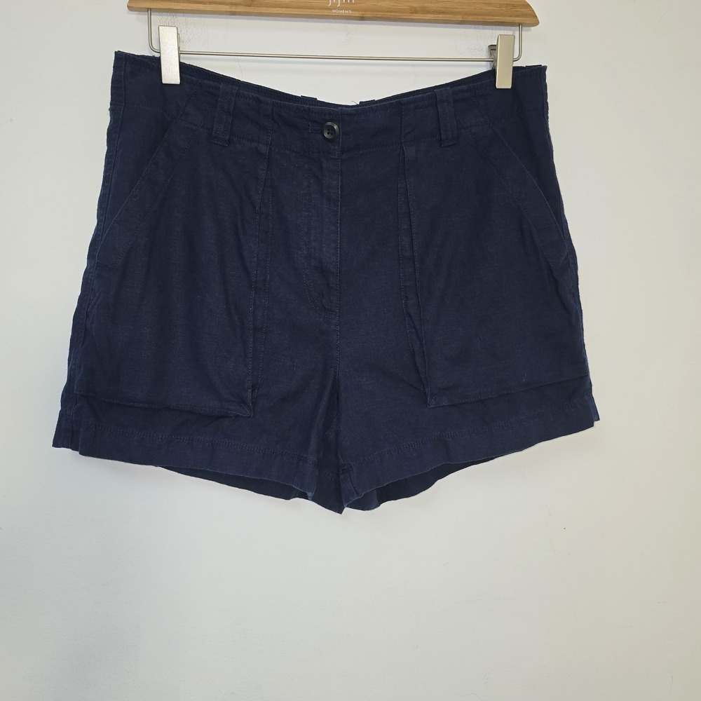 J Crew Seaside Cargo Shorts Linen Tencel Navy Pockets Size 12 Womens Preppy